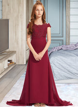 Load image into Gallery viewer, Alia Trumpet/Mermaid Off-the-Shoulder Court Train Chiffon Lace Junior Bridesmaid Dress XXCP0013330