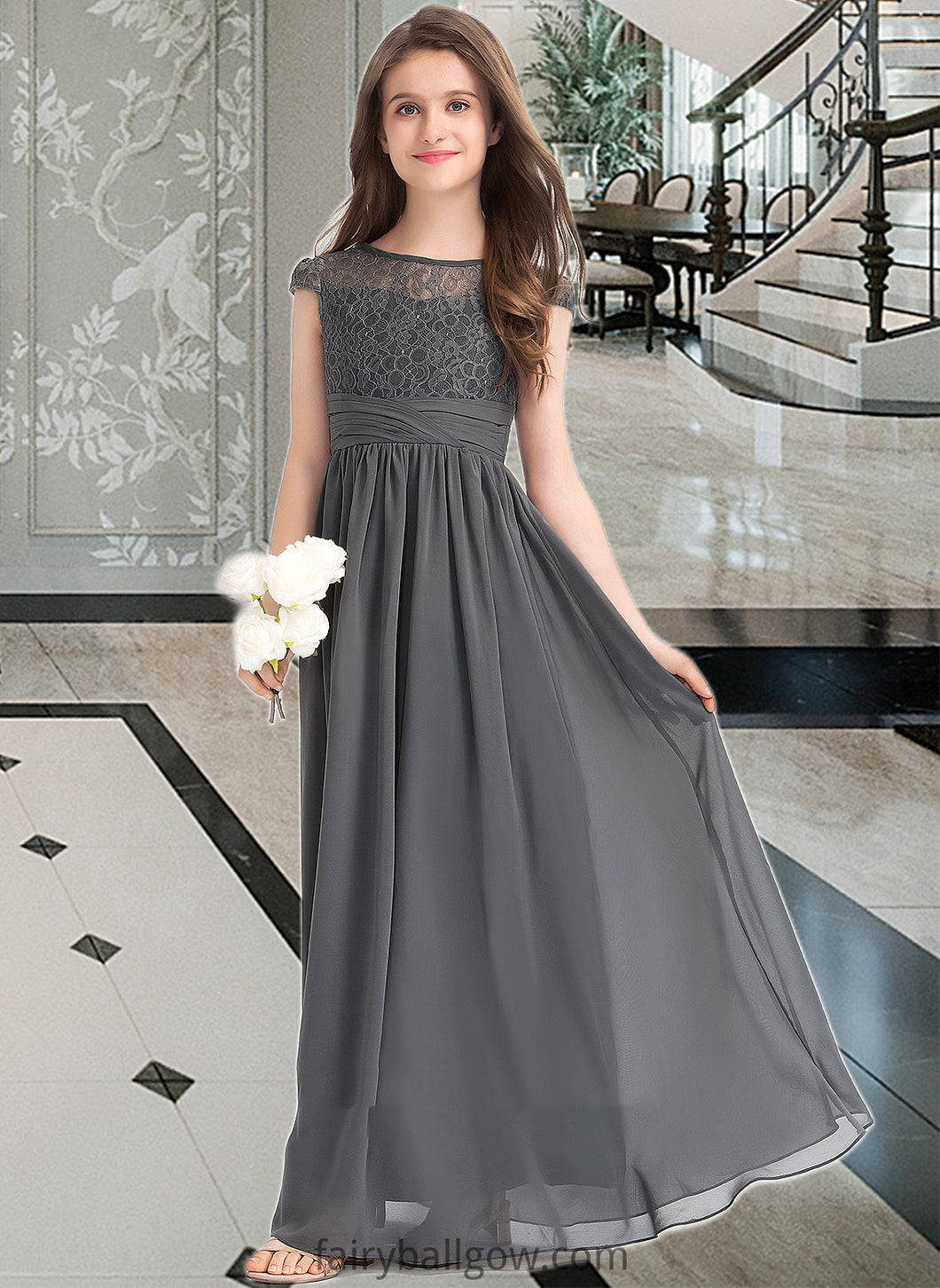 Ashleigh A-Line Scoop Neck Floor-Length Chiffon Lace Junior Bridesmaid Dress With Ruffle XXCP0013331