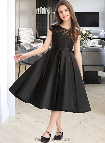 Scarlett A-Line Scoop Neck Knee-Length Satin Lace Junior Bridesmaid Dress With Pockets XXCP0013335