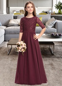 Ashly A-Line Scoop Neck Floor-Length Chiffon Lace Junior Bridesmaid Dress XXCP0013336