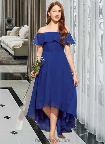 Caroline A-Line Off-the-Shoulder Asymmetrical Chiffon Junior Bridesmaid Dress With Cascading Ruffles XXCP0013338