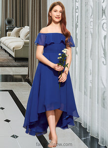 Caroline A-Line Off-the-Shoulder Asymmetrical Chiffon Junior Bridesmaid Dress With Cascading Ruffles XXCP0013338