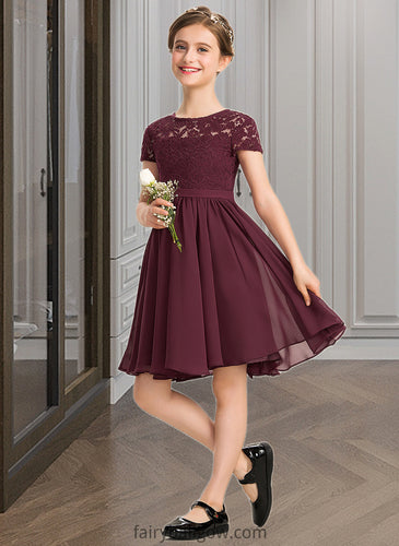 Veronica A-Line Scoop Neck Knee-Length Chiffon Lace Junior Bridesmaid Dress With Bow(s) XXCP0013339