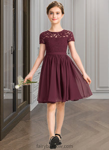 Veronica A-Line Scoop Neck Knee-Length Chiffon Lace Junior Bridesmaid Dress With Bow(s) XXCP0013339