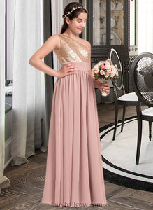 Kathryn A-Line One-Shoulder Floor-Length Chiffon Junior Bridesmaid Dress With Ruffle XXCP0013340