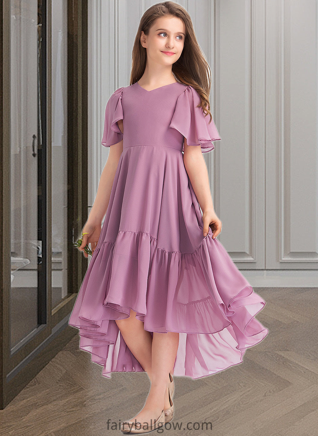 Giada A-Line V-neck Asymmetrical Chiffon Junior Bridesmaid Dress With Cascading Ruffles XXCP0013342