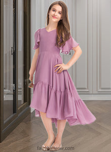 Giada A-Line V-neck Asymmetrical Chiffon Junior Bridesmaid Dress With Cascading Ruffles XXCP0013342