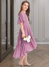 Load image into Gallery viewer, Giada A-Line V-neck Asymmetrical Chiffon Junior Bridesmaid Dress With Cascading Ruffles XXCP0013342