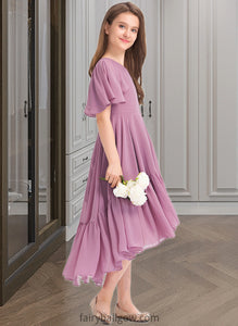 Giada A-Line V-neck Asymmetrical Chiffon Junior Bridesmaid Dress With Cascading Ruffles XXCP0013342