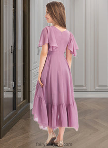 Giada A-Line V-neck Asymmetrical Chiffon Junior Bridesmaid Dress With Cascading Ruffles XXCP0013342