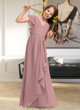 Load image into Gallery viewer, Riya A-Line V-neck Floor-Length Chiffon Junior Bridesmaid Dress With Cascading Ruffles XXCP0013343