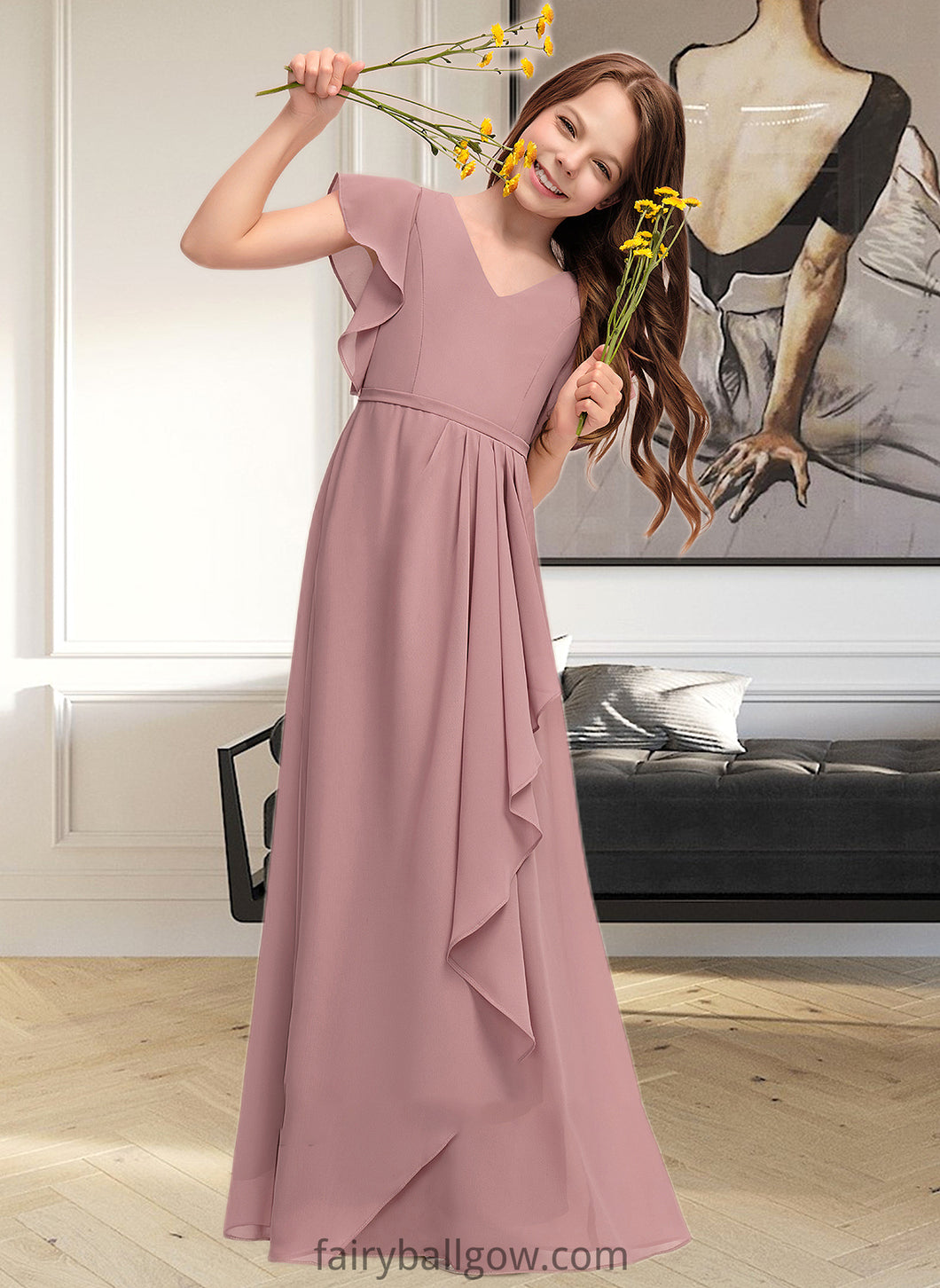 Riya A-Line V-neck Floor-Length Chiffon Junior Bridesmaid Dress With Cascading Ruffles XXCP0013343