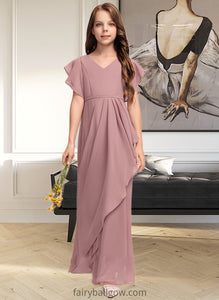 Riya A-Line V-neck Floor-Length Chiffon Junior Bridesmaid Dress With Cascading Ruffles XXCP0013343