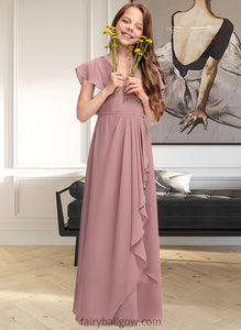 Riya A-Line V-neck Floor-Length Chiffon Junior Bridesmaid Dress With Cascading Ruffles XXCP0013343