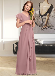 Riya A-Line V-neck Floor-Length Chiffon Junior Bridesmaid Dress With Cascading Ruffles XXCP0013343