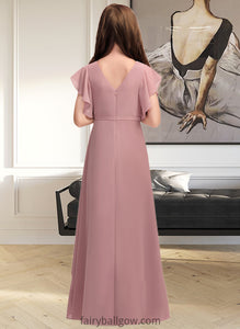 Riya A-Line V-neck Floor-Length Chiffon Junior Bridesmaid Dress With Cascading Ruffles XXCP0013343