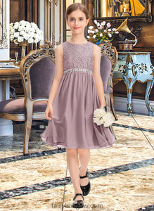 Kiara A-Line Scoop Neck Knee-Length Chiffon Lace Junior Bridesmaid Dress With Beading Bow(s) XXCP0013344