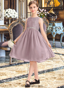 Kiara A-Line Scoop Neck Knee-Length Chiffon Lace Junior Bridesmaid Dress With Beading Bow(s) XXCP0013344