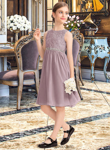 Kiara A-Line Scoop Neck Knee-Length Chiffon Lace Junior Bridesmaid Dress With Beading Bow(s) XXCP0013344