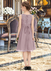 Kiara A-Line Scoop Neck Knee-Length Chiffon Lace Junior Bridesmaid Dress With Beading Bow(s) XXCP0013344