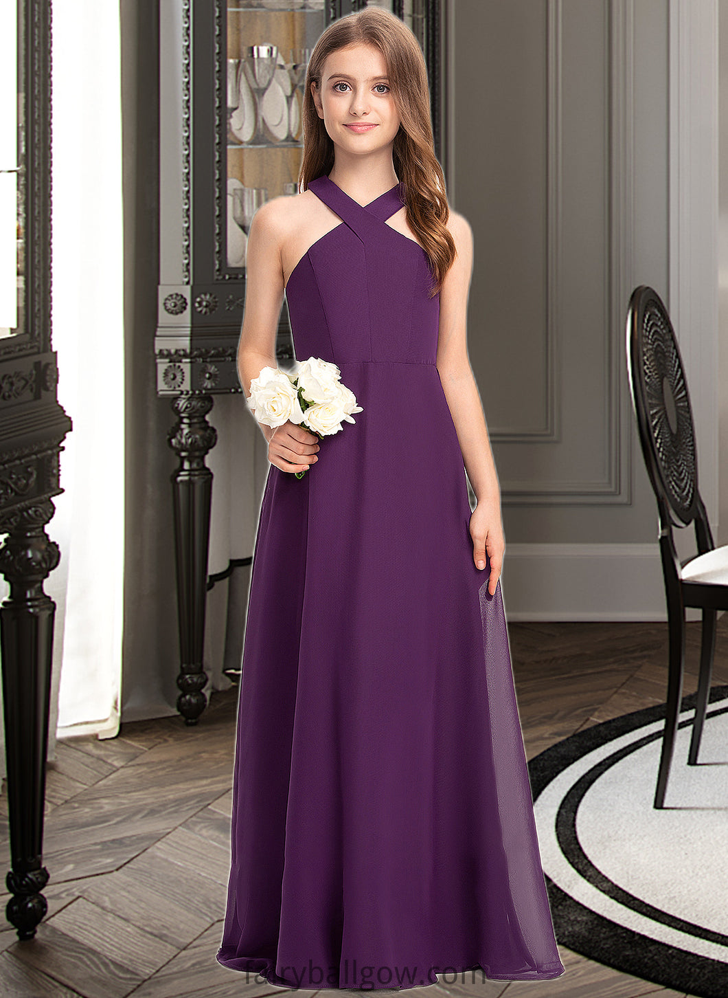 Karlie A-Line V-neck Floor-Length Chiffon Junior Bridesmaid Dress XXCP0013346