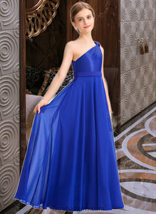 Amaris A-Line One-Shoulder Floor-Length Chiffon Charmeuse Junior Bridesmaid Dress With Ruffle XXCP0013347