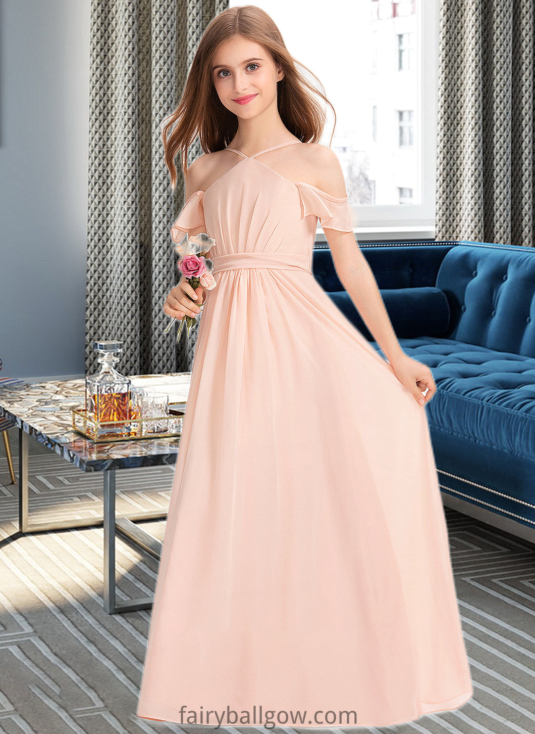 Daisy A-Line V-neck Floor-Length Chiffon Junior Bridesmaid Dress With Ruffle Bow(s) XXCP0013349