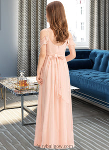 Daisy A-Line V-neck Floor-Length Chiffon Junior Bridesmaid Dress With Ruffle Bow(s) XXCP0013349