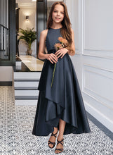 Load image into Gallery viewer, Mignon A-Line Scoop Neck Asymmetrical Satin Junior Bridesmaid Dress With Cascading Ruffles XXCP0013352