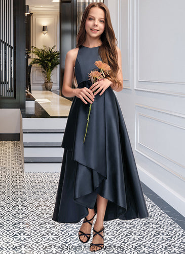 Mignon A-Line Scoop Neck Asymmetrical Satin Junior Bridesmaid Dress With Cascading Ruffles XXCP0013352