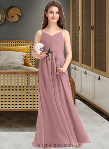 Nadia A-Line V-neck Floor-Length Chiffon Junior Bridesmaid Dress With Ruffle XXCP0013354