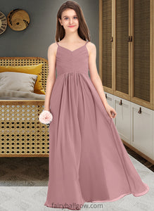 Nadia A-Line V-neck Floor-Length Chiffon Junior Bridesmaid Dress With Ruffle XXCP0013354