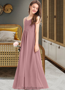 Nadia A-Line V-neck Floor-Length Chiffon Junior Bridesmaid Dress With Ruffle XXCP0013354