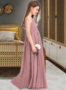 Nadia A-Line V-neck Floor-Length Chiffon Junior Bridesmaid Dress With Ruffle XXCP0013354