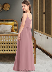 Nadia A-Line V-neck Floor-Length Chiffon Junior Bridesmaid Dress With Ruffle XXCP0013354