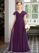 Load image into Gallery viewer, Reyna A-Line V-neck Floor-Length Chiffon Junior Bridesmaid Dress With Bow(s) Cascading Ruffles XXCP0013355