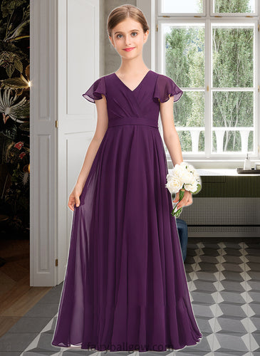 Reyna A-Line V-neck Floor-Length Chiffon Junior Bridesmaid Dress With Bow(s) Cascading Ruffles XXCP0013355