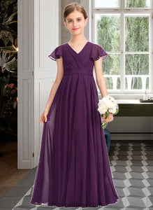 Reyna A-Line V-neck Floor-Length Chiffon Junior Bridesmaid Dress With Bow(s) Cascading Ruffles XXCP0013355