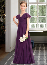 Load image into Gallery viewer, Reyna A-Line V-neck Floor-Length Chiffon Junior Bridesmaid Dress With Bow(s) Cascading Ruffles XXCP0013355