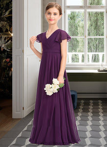 Reyna A-Line V-neck Floor-Length Chiffon Junior Bridesmaid Dress With Bow(s) Cascading Ruffles XXCP0013355