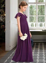 Load image into Gallery viewer, Reyna A-Line V-neck Floor-Length Chiffon Junior Bridesmaid Dress With Bow(s) Cascading Ruffles XXCP0013355