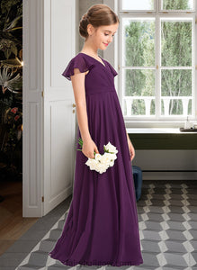 Reyna A-Line V-neck Floor-Length Chiffon Junior Bridesmaid Dress With Bow(s) Cascading Ruffles XXCP0013355