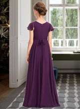 Load image into Gallery viewer, Reyna A-Line V-neck Floor-Length Chiffon Junior Bridesmaid Dress With Bow(s) Cascading Ruffles XXCP0013355