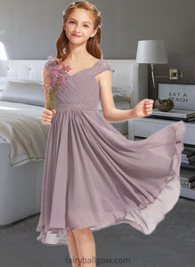 Itzel A-Line V-neck Knee-Length Chiffon Lace Junior Bridesmaid Dress With Ruffle XXCP0013358