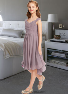 Itzel A-Line V-neck Knee-Length Chiffon Lace Junior Bridesmaid Dress With Ruffle XXCP0013358