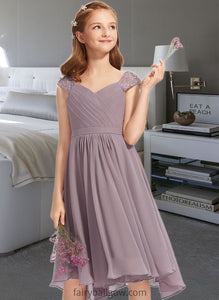 Itzel A-Line V-neck Knee-Length Chiffon Lace Junior Bridesmaid Dress With Ruffle XXCP0013358