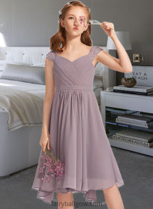 Itzel A-Line V-neck Knee-Length Chiffon Lace Junior Bridesmaid Dress With Ruffle XXCP0013358