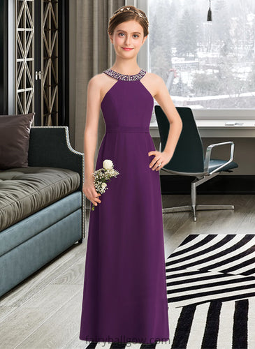 Melanie A-Line Scoop Neck Floor-Length Chiffon Junior Bridesmaid Dress With Beading Bow(s) XXCP0013361