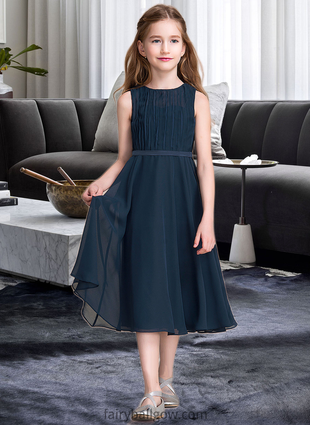 Amelia A-Line Scoop Neck Tea-Length Chiffon Junior Bridesmaid Dress With Ruffle XXCP0013362