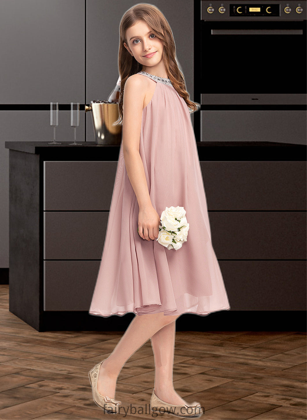 Miah A-Line Scoop Neck Knee-Length Chiffon Junior Bridesmaid Dress With Beading Sequins XXCP0013365